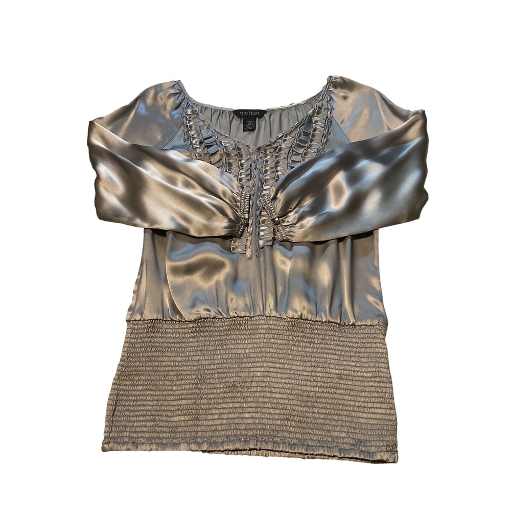 White House Black‎ Market Silk Ruched Smocked Blouse Top Silver XS